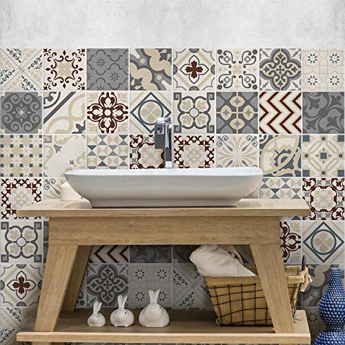 RE-COVERTILES - Fliesenaufkleber Badezimmer und Küche 24 Stck 10x10 cm - PS00216 PVC-Wanddekoration Wasserdicht Fliesen Mosaik Stil Azulejos-Zementfliesen von RE-COVERTILES