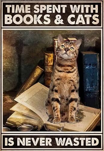 Aluminium-Metallschilder, Vintage-Stil, Bengalische Katze, Ime Spent With Books And Cats Is Never Wasted For Bars, Clubs, Restaurants, Cafés, Pubs, Vintage-Wanddekoration, dekorativ, 20,3 x 30,5 cm von kisoyo