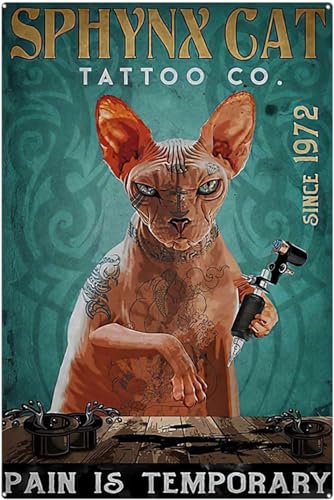 Lustige Retro-Blechschilder Sphynx Cat Tatto Co Schilder, Katzenliebhaber-Geschenk, Vintage-Schilder, Heimdekoration, Vintage-Blechschilder für Badezimmer, 20,3 x 30,5 cm von kisoyo