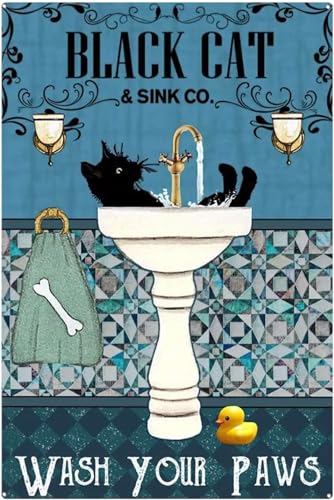 Metallschilder, lustiges schwarzes Katzenschild mit Aufschrift "Wash Your Paws", humorvolles schwarzes Katzenschild, schwarze Katze, Badezimmer-WC-Schild, "Wash Your Paws", Blechschild für von kisoyo