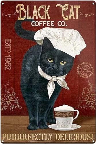 Schwarze Katze, Retro-Stil, Coffee Co Purrfectly Deliciousi, Barschild, Wandkunst, Dekoration, Metallschild, Kaffeeschild, 20,3 x 30,5 cm von kisoyo