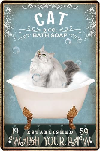 Vintage-Blechschild mit Katzen-Badezimmerschild, Katze, Badeseife, waschen Sie Ihre Pfote, Badezimmer, Kunst, Wanddekoration, Plakette, Badezimmer, WC, Zuhause, Metallposter, Geschenk für Damen und von kisoyo