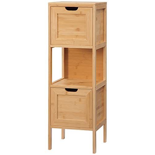 kleankin Badezimmerschrank Badschrank Aufbewahrungsschrank mit Kippschutz aus Bambus, Unterschrank mit 2 Schubladen, Lanfhausstil Beistellschrank, Naturholz, 30 x 30 x 90 cm von kleankin