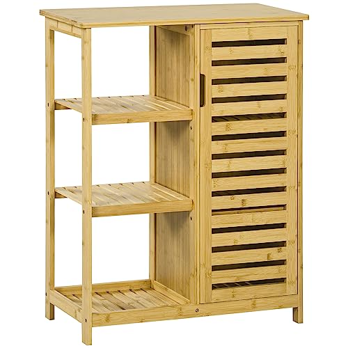 kleankin Badezimmerschrank Badschrank mit Schrankfach, 3 Offenen Ebenen, Toilettenschrank mit Kippschutz, Beistellschrank für Bad, Bambus, Natur, 66 x 33 x 87 cm von kleankin