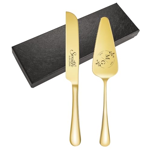 kodinsiivous Tortenheber inkl. Tortenmesser im Set,Personalisiertes Hochzeitstortenmesser- und Servierset mit Gravur,Tortenschneider und Tortenheber, perfekt für Hochzeit,Geburtstag,Party(Gold) von kodinsiivous