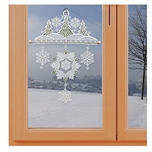 Windspiel Fensterbild Winterwald mit silbernen Schneeflocken Weihnachtsdeko aus Plauener Spitze inkl. Saughaken von kollektion MT