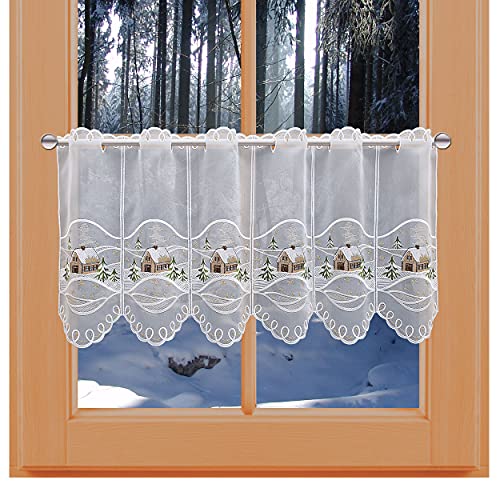 Winter-Scheibengardine Haus im Schnee mit Tannen aus Plauener Spitze Scheibenhänger mit Lurex-Stickerei 41 cm hoch von kollektion MT