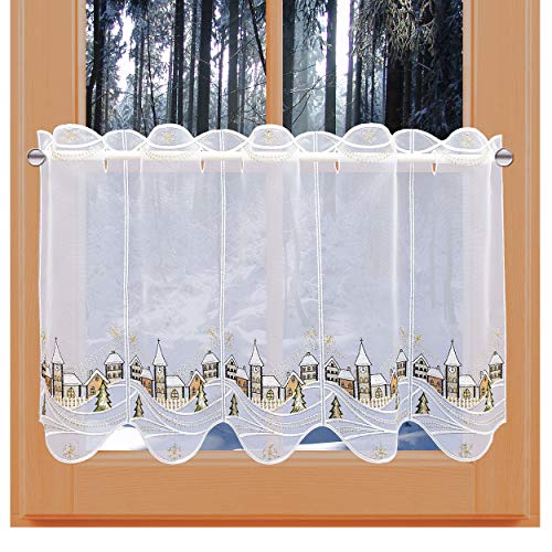 Winter-Scheibengardine Winterzauber verschneites Dorf mit Kirche aus echter Plauener Spitze Adventsdeko in weiß-braun 41 x 112 cm von kollektion MT