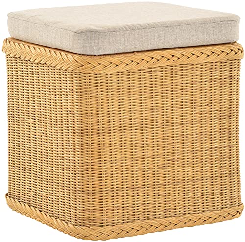 Korb-Outlet Rattan Wäschekorb Wäschetruhe Sitz gepolstert Honig, Flur-Bank Aufbewahrungsbox mit Deckel Bad-Hocker Sitzhocker Wäschesammler Sitz-Truhe Natur (Honig, Quadratisch) von Korb-Outlet