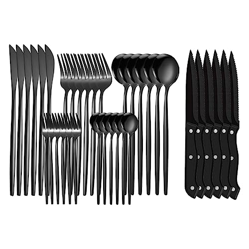 kowaku 36-teiliges Edelstahl-Besteck-Set, Geschirr-Essbesteck-Set, Tafelmesser, Messer, Gabel, Löffel-Set für Unterhaltung, Camping, Partys, Schwarz von kowaku