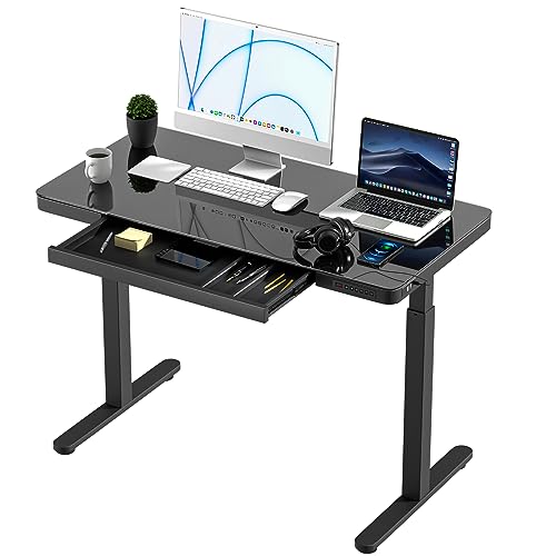 KOWO Elektrisch Höhenverstellbarer Schreibtisch, 1,2 m Elektrisch Höhenverstellbarer Schreibtisch mit Kabelloser Ladestation und USB-Hub, Tischplatte aus Explosionsgeschütztem Glas - Schwarz von KOWO