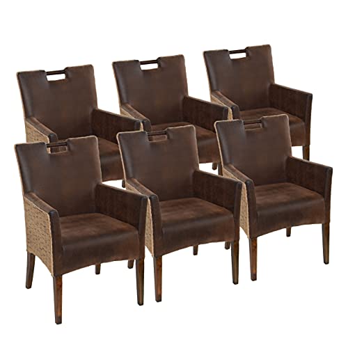 kreatives Wohnen Esszimmer Stühle Set 6 Stück Rattan Armlehner Sessel Bilbao vollgepolstert Polster Prairie Brown, Holz, Hellbraun, Extra breit von kreatives Wohnen