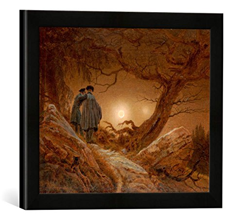 Gerahmtes Bild von Caspar David Friedrich Zwei Männer in Betrachtung des Mondes, Kunstdruck im hochwertigen handgefertigten Bilder-Rahmen, 40x30 cm, Schwarz matt von kunst für alle