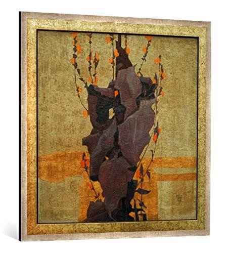 Gerahmtes Bild von Egon Schiele Stilisierte Blumen vor dekorativem Hintergrund, Kunstdruck im hochwertigen handgefertigten Bilder-Rahmen, 100x100 cm, Silber Raya von kunst für alle