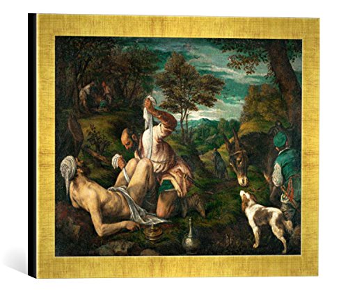 Gerahmtes Bild von Francesco da Ponte Bassano Der barmherzige Samariter, Kunstdruck im hochwertigen handgefertigten Bilder-Rahmen, 40x30 cm, Gold Raya von kunst für alle