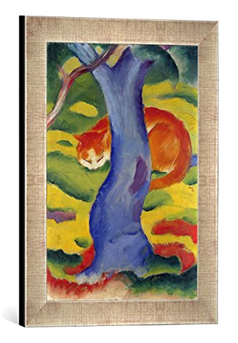 Gerahmtes Bild von Franz Marc Katze hinter einem Baum, Kunstdruck im hochwertigen handgefertigten Bilder-Rahmen, 30x40 cm, Silber Raya von kunst für alle