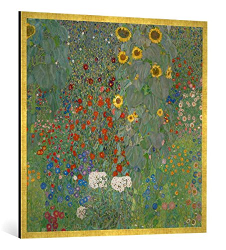 Gerahmtes Bild von Gustav Klimt Garten mit Sonnenblumen, Kunstdruck im hochwertigen handgefertigten Bilder-Rahmen, 100x100 cm, Gold Raya von kunst für alle