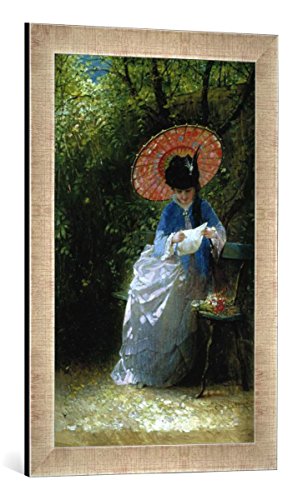 Gerahmtes Bild von Hendricus Jacobus Burger Brieflesende Dame mit japanischem Sonnenschirm, Kunstdruck im hochwertigen handgefertigten Bilder-Rahmen, 40x60 cm, Silber Raya von kunst für alle