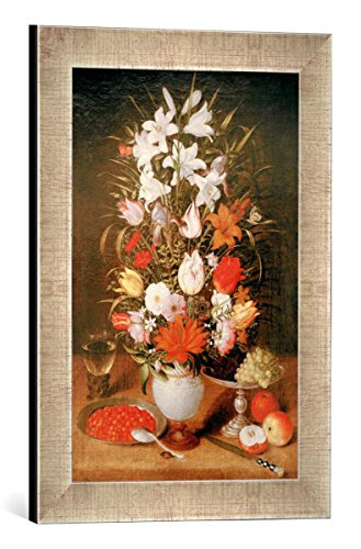Gerahmtes Bild von Jeremias Van Winghe Blumen Einer Vase mit Früchten und einem Römer, Kunstdruck im hochwertigen handgefertigten Bilder-Rahmen, 30x40 cm, Silber Raya von kunst für alle