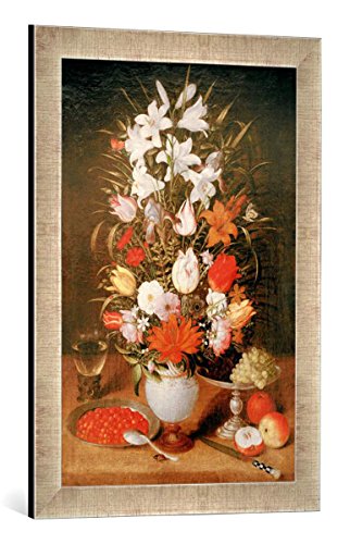 Gerahmtes Bild von Jeremias Van Winghe Blumen Einer Vase mit Früchten und einem Römer, Kunstdruck im hochwertigen handgefertigten Bilder-Rahmen, 40x60 cm, Silber Raya von kunst für alle