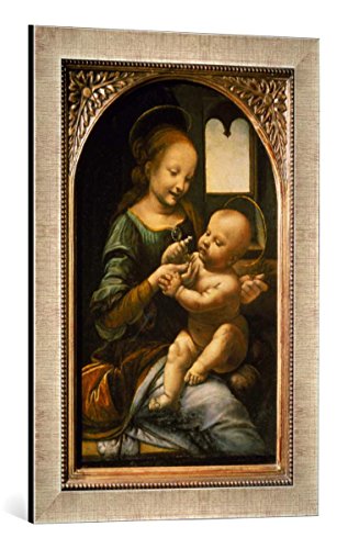 Gerahmtes Bild von Leonardo da Vinci Madonna mit der Blume, Kunstdruck im hochwertigen handgefertigten Bilder-Rahmen, 40x60 cm, Silber Raya von kunst für alle