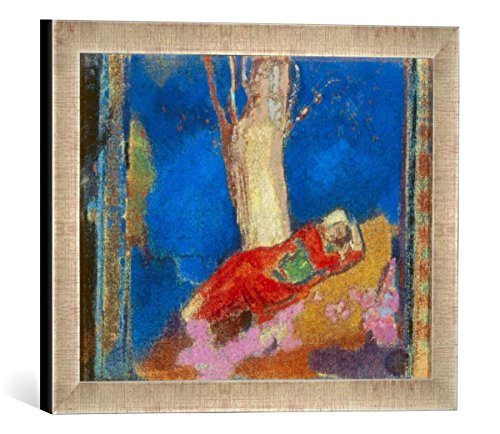 Gerahmtes Bild von Odilon Redon Frau, unter einem Baum schlafend, Kunstdruck im hochwertigen handgefertigten Bilder-Rahmen, 40x30 cm, Silber Raya von kunst für alle