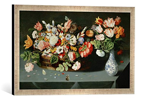 Gerahmtes Bild von Osias Beert der Ältere Stilleben mit Blumen und Schmetterlingen, Kunstdruck im hochwertigen handgefertigten Bilder-Rahmen, 60x40 cm, Silber Raya von kunst für alle