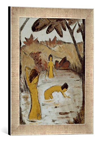 Gerahmtes Bild von Otto Mueller DREI Badende im Teich, Kunstdruck im hochwertigen handgefertigten Bilder-Rahmen, 30x40 cm, Silber Raya von kunst für alle