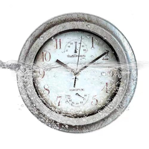 kyaoayo Außen Wasserfest Wanduhr ohne Ticken, Kreative rund Uhren mit Zeiger, Retro Wanduhren zum Bauen Deko für Patio Pool Garten Haus, 30 cm (Grau) von kyaoayo