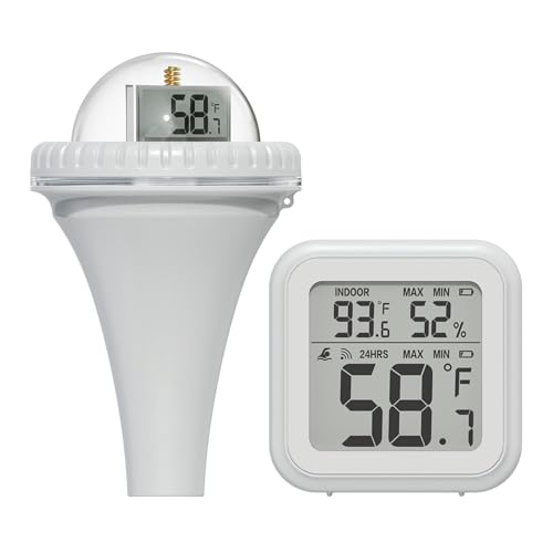 kyaoayo Funk Pool Thermometer, 360-Grad-Bildschirm, Schwimmend Poolthermometer IP67 Wasserdicht, mit Indoor Temperatur Luftfeuchtigkeit Monitor, für Schwimmbäder, Badewannen, Fischbecken, Teich von kyaoayo
