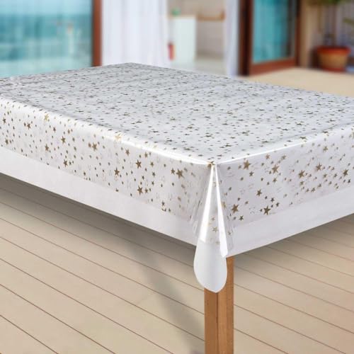 laro Wachstuch-Tischdecke Sterne Weihnachten Weihnachts-Motive PVC Wachstischdecke Eckig Meterware Wasserabweisend Abwischbar 1086, Muster:Transparent Sterne Gold, Größe:130x180 cm von laro