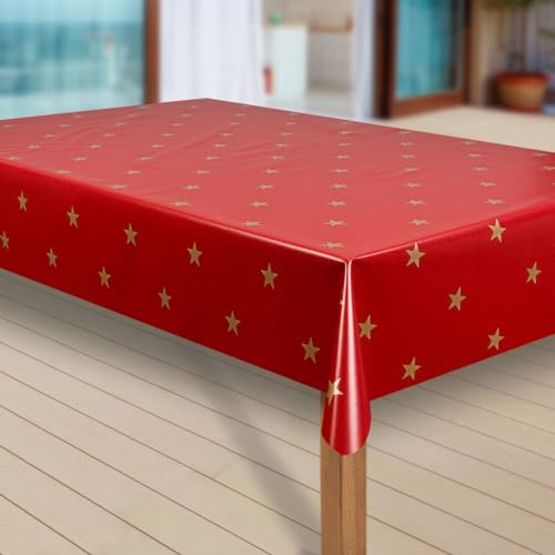 laro Wachstuch-Tischdecke Sterne Weihnachten Weihnachts-Motive PVC Wachstischdecke Eckig Meterware Wasserabweisend Abwischbar |32|, Muster:Sterne rot-Gold, Größe:100x160 cm von laro