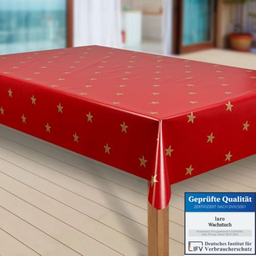 laro Wachstuch-Tischdecke Sterne Weihnachten Weihnachts-Motive PVC Wachstischdecke Eckig Meterware Wasserabweisend Abwischbar |32|, Muster:Sterne rot-Gold, Größe:80x80 cm von laro