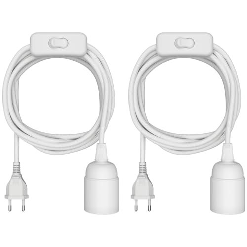 ledscom.de 2 Stück Textilkabel LEHA, Stecker, Schalter, weiß, 3m, Lampen-Fassung, 1x E27 max. 60W von ledscom.de