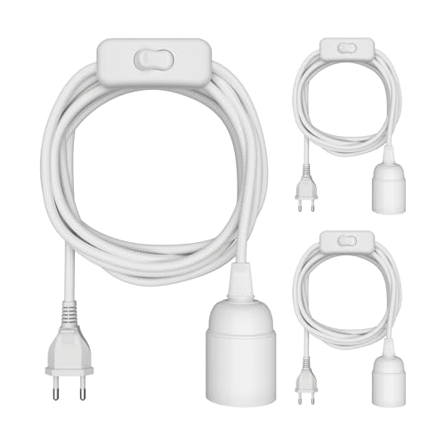 ledscom.de 3 Stück Textilkabel LEHA, Stecker, Schalter, weiß, 3m, Lampen-Fassung, 1x E27 max. 60W von ledscom.de