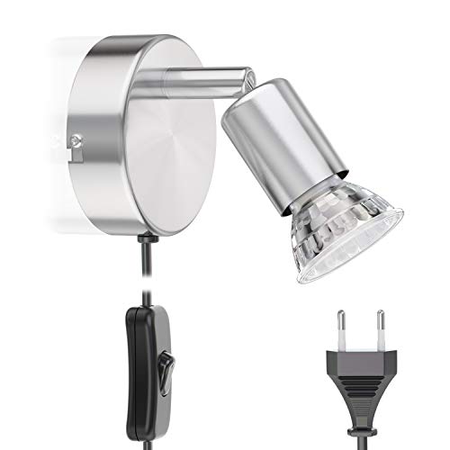 ledscom.de Leselampe Bettleuchte LUNARA, Schalter, Stecker, Edelstahl, chrom matt, inkl. LED GU10 Lampe (warmweiß, 2,339W, 227lm, 110°) von ledscom.de