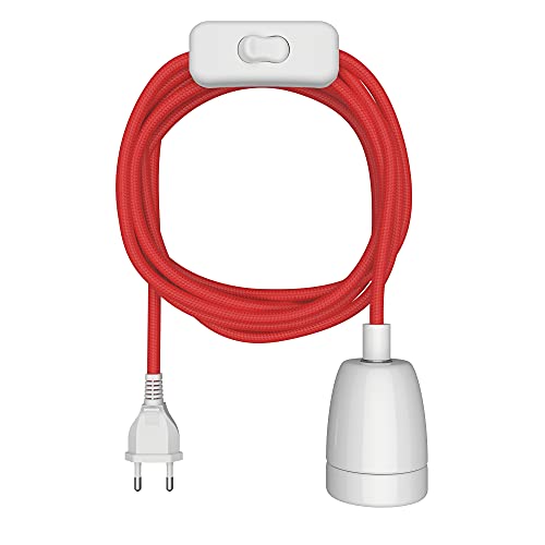 ledscom.de Textilkabel LEHA II, Stecker, Schalter, rot, weiß, 3m, Porzellan-Fassung, 1x E27 max. 300W, Led, Diy, Lampenfassung, E27, Textilkabel, Haengelampe, Stecker, Netzstecker, Gluehlampe von ledscom.de