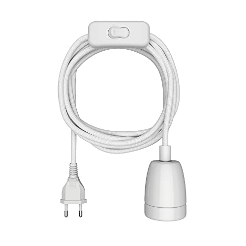 ledscom.de Textilkabel LEHA II, Stecker, Schalter, weiß, 3m, Porzellan-Fassung, 1x E27 max. 300W, Led, Diy, Lampenfassung, E27, Textilkabel, Haengelampe, Stecker, Netzstecker, Gluehlampe, Textil von ledscom.de