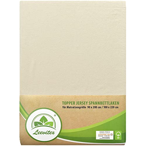 leevitex Premium Topper Boxspringbett Spannbettlaken | 100% Mako-Jersey-Baumwolle | ÖKO-TEX | 170g/m² | 90 x 200-100 x 220 | Creme/Naturweiß | 18 cm Steg von leevitex