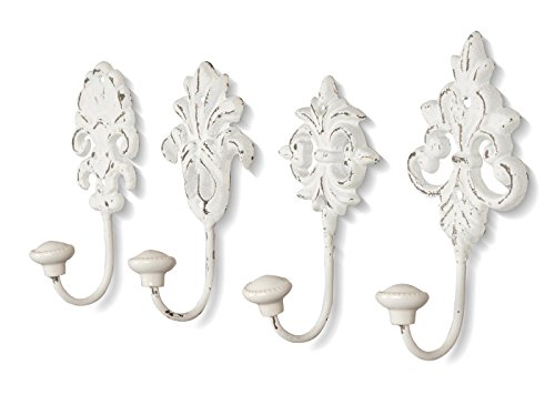 4tlg. Haken 4er Set Wandhaken weiß grau Kleiderhaken Haken Wandgarderobe Garderobenhaken Garderobe Eisen Shabby Chic Landhaus Vintage Nostalgie Antik Ornamente Barock von levandeo