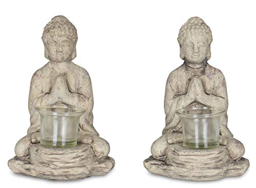 levandeo 2er Set Teelichthalter Buddha Figur Keramik je 19cm hoch Grau Teelicht Tischdeko Windlicht von levandeo
