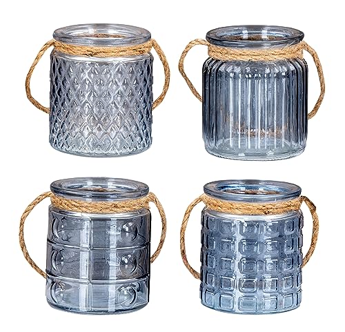 levandeo 4er Set Windlicht H10cm Glas Blau Teelichthalter Tischdeko Kerzen Deko Retro Kerzenhalter Flachs von levandeo