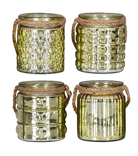 levandeo 4er Set Windlicht H10cm Glas Gold Gelb Teelichthalter Tischdeko Kerzen Deko Retro Kerzenhalter Flachs von levandeo