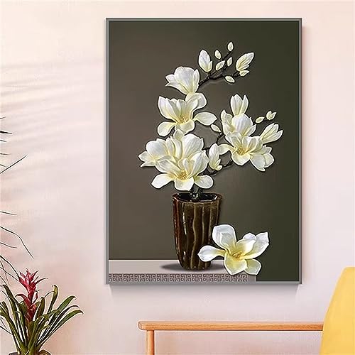 5D DIY Diamond Painting Kits Vollbohrer, Vase Weiße Magnolie Diamant Kunst Handwerk Bild Kit, Leinwand Kreuzstich Stickerei Nach Zahlen Painting Zubehör für Erwachsene, Wand, Wohnkultur 20x30cm Q-3371 von lewwmn