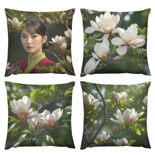 lewwmn Kissenbezug 50x50cm 4er Set Dekokissen Kissenbezüge Dekoration Outdoor Kissenbezüge Weich Dekokissen für Schlafzimmer, Sofa, Stuhl, Bett, Garten (20x20in Blume Magnolie) M-732 von lewwmn