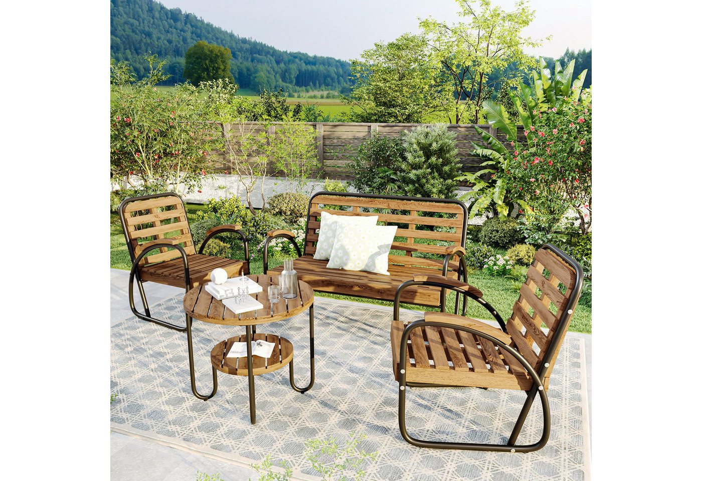 liebtech Garten-Essgruppe Gartenmöbel-Set für 4 Personen,4-tlg. Sitzgruppe mit Sofa, (2 Stühle und 1 Tisch (Kissen nicht enthalten), Terassenmöbel Gartenlounge Balkonmöbel, Akazienholz von liebtech