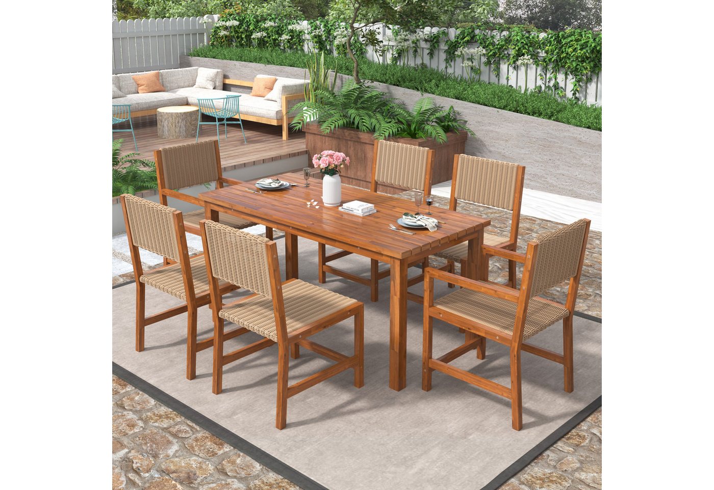 liebtech Gartenlounge-Set 7-teiliges Outdoor-Esstisch-Set für 6 Personen, (Gartenmöbel-Set aus PE-Rattan mit Tischplatte aus Akazienholz), Stuhlgestell aus Akazienholz für Hinterhof, Garten, Braun + Grün von liebtech