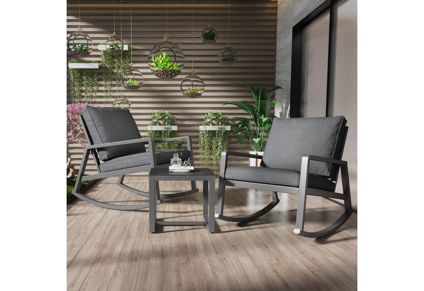 liebtech Gartenlounge-Set Schaukelstuhl Terrassen-Außenmöbel Verandastuhl-Gesprächsset, (mit Glas-Couchtisch mit 2 Schaukelstühlen und 1 Glas-Couchtisch mit dicken Kissen), für Hinterhof, Veranda, Pool von liebtech