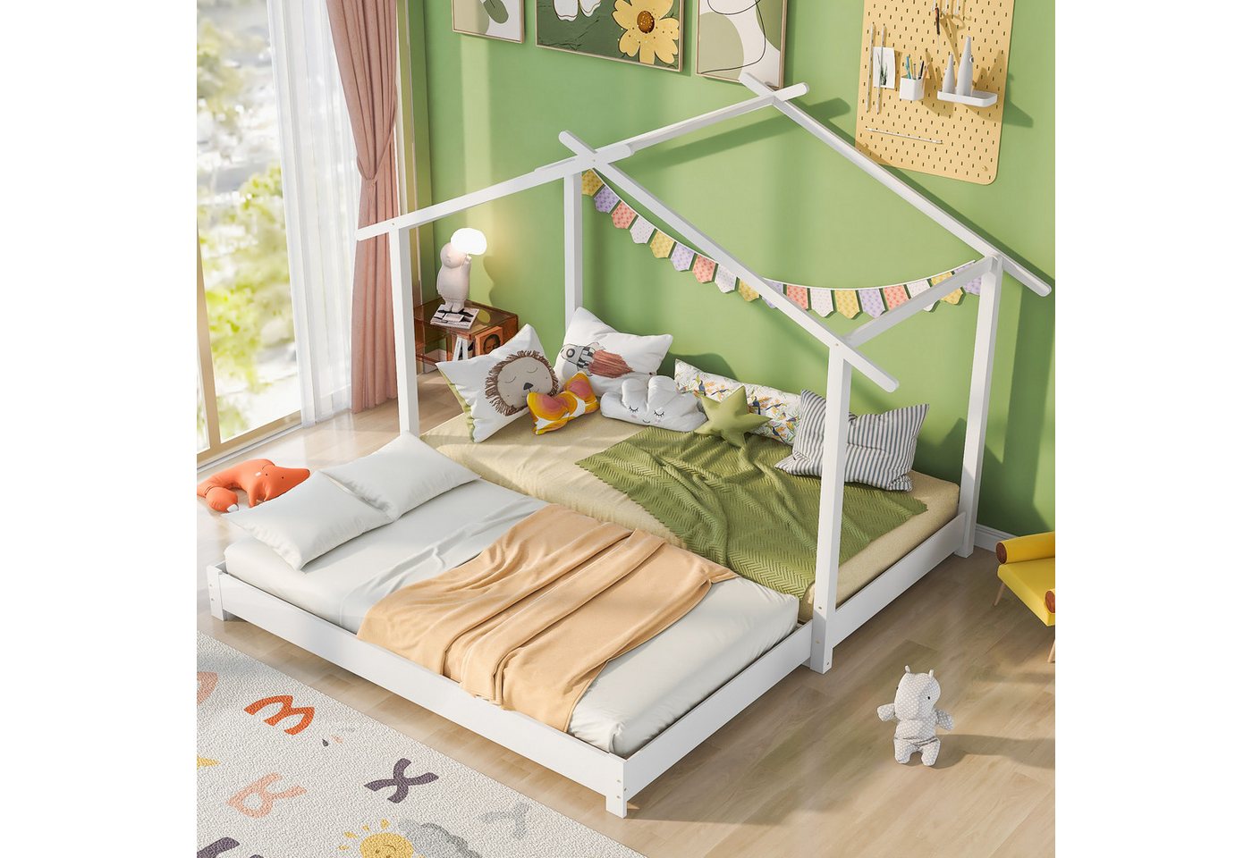 liebtech Hausbett Hausbett 90 /180 x 190cm Holz Kinderbett, umbaubar Bodenbett mit Lattenrost weiß von liebtech
