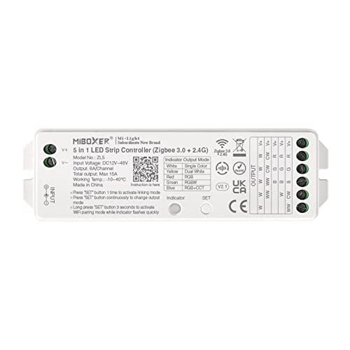 LIGHTEU®, Milight Miboxer Zigbee3.0 und 2,4 GHz 5-in-1-LED-Streifen-Controller 12 V/24 V kompatibel mit Zigbee 2,4 GHz Fernbedienung APP/Sprachsteuerung, ZL5 von lighteu